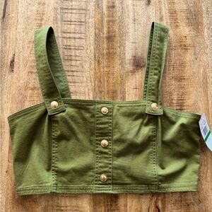 Michael Kors smoky olive green tank crop top cropped gold buttons cotton NWT
